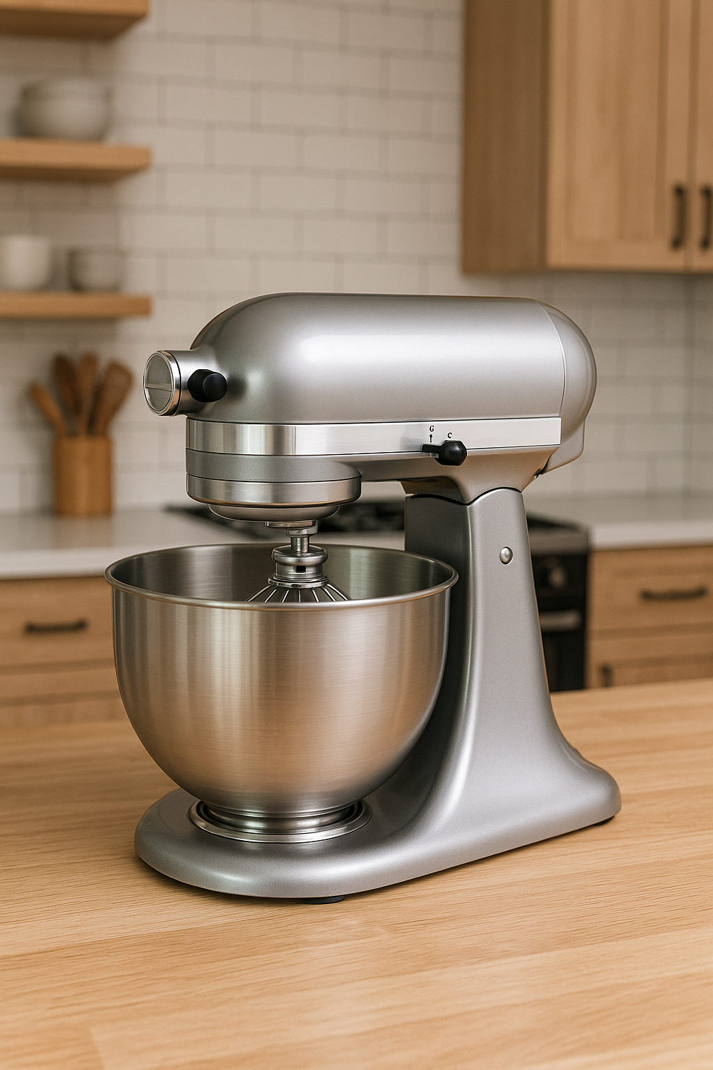 Batedeira planetária em bancada com ingredientes